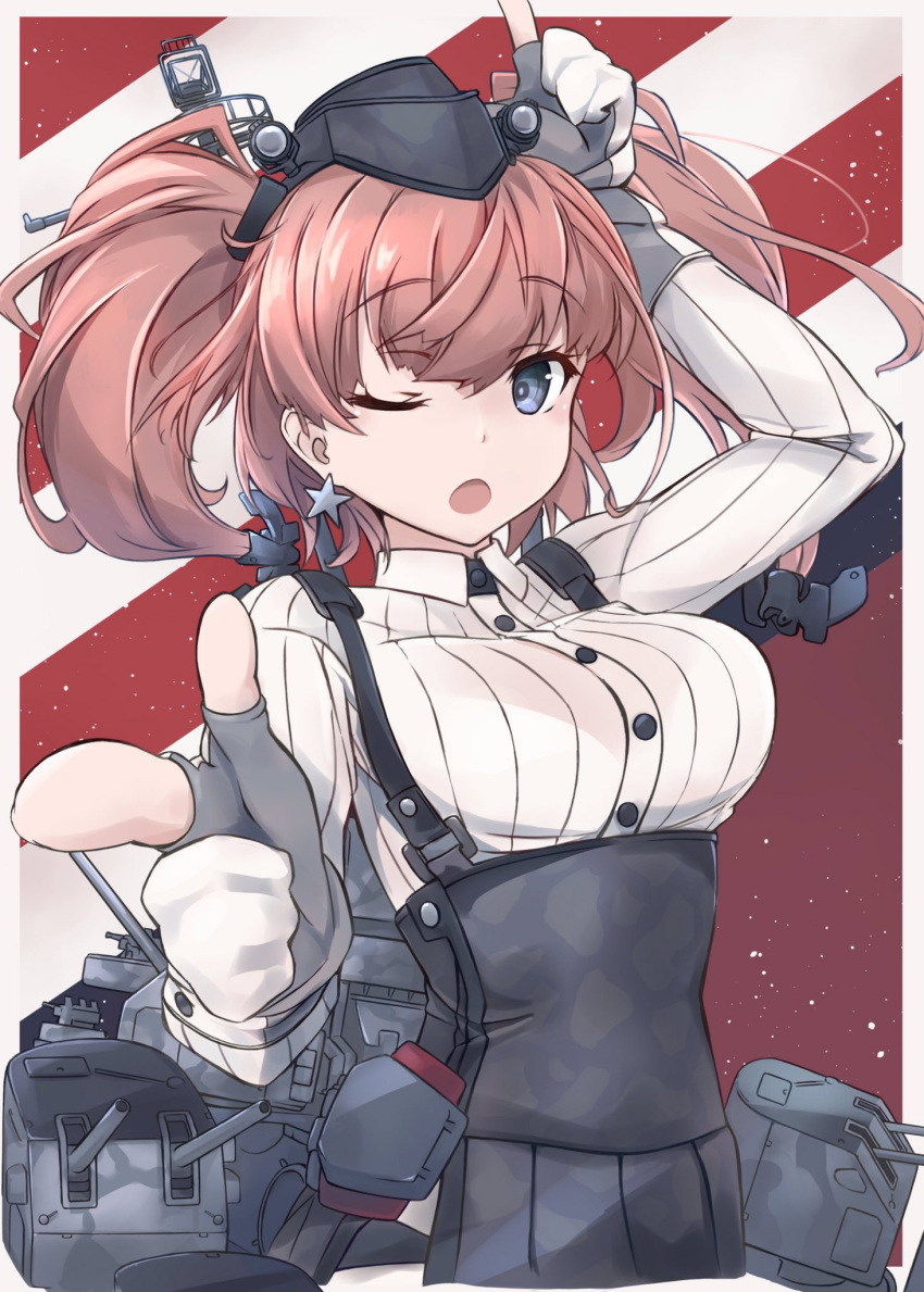 1girl anchor_hair_ornament atlanta_(kancolle) bangs blue_eyes border breasts brown_hair earrings eyebrows_visible_through_hair garrison_cap gloves hair_ornament hat headgear high-waist_skirt highres index_finger_raised jewelry kantai_collection large_breasts long_sleeves minosu one_eye_closed open_mouth partially_fingerless_gloves pointing rigging shirt simple_background single_earring skirt solo star_(symbol) star_earrings suspender_skirt suspenders two_side_up white_border white_shirt