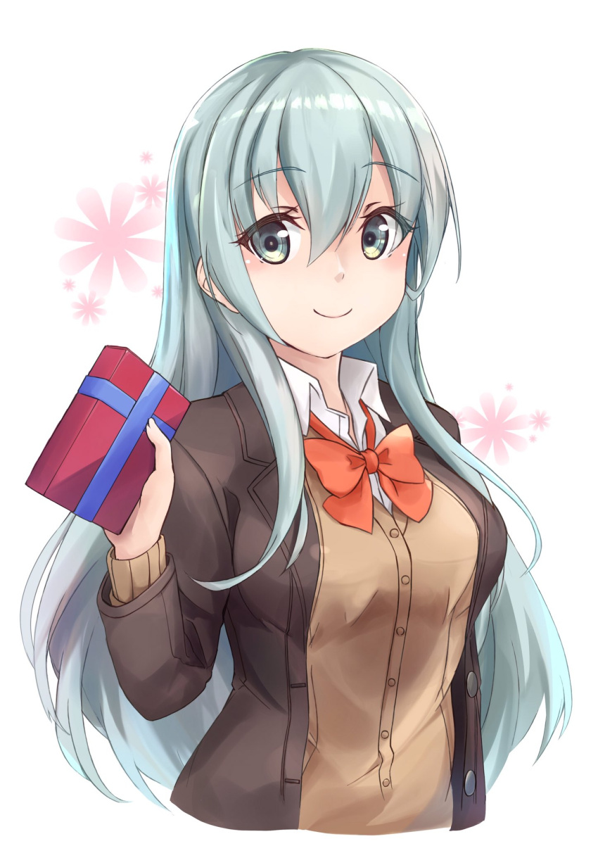 1girl aqua_eyes aqua_hair bangs blouse blush bow bowtie box breasts brown_jacket buttons eyebrows_visible_through_hair gift gift_box hair_between_eyes highres holding holding_gift jacket kantai_collection long_hair long_sleeves minosu red_neckwear remodel_(kantai_collection) revision ribbon school_uniform simple_background smile solo suzuya_(kancolle) two-tone_background upper_body valentine white_blouse