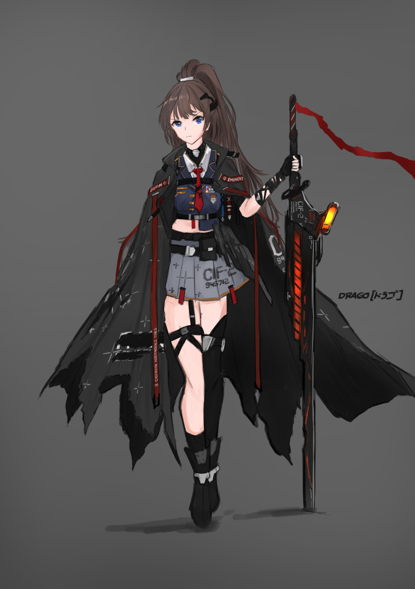 1girl absurdres artist_request black_gloves black_hair black_legwear blue_eyes cape character_name eminent_domain_(project_wingman) fingerless_gloves gloves grey_skirt high_ponytail highres holding holding_sword holding_weapon necktie personification project_wingman red_neckwear single_thighhigh skirt source_request sword thigh-highs weapon