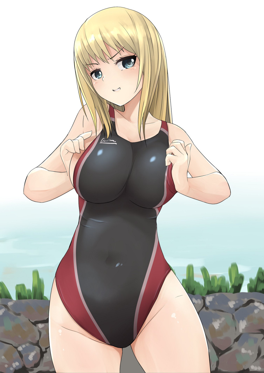 1girl bangs black_swimsuit blonde_hair blue_eyes breast_squeeze breasts competition_swimsuit covered_navel cowboy_shot earl_grey_(girls_und_panzer) eyebrows_visible_through_hair girls_und_panzer grin head_tilt highres kakimoto_nao large_breasts long_hair looking_at_viewer one-piece_swimsuit smile solo standing swimsuit