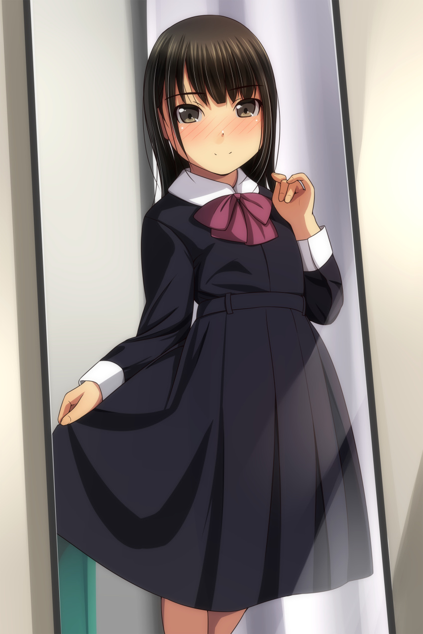 1girl absurdres bangs black_dress black_hair blush bow brown_eyes closed_mouth collared_dress dress eyebrows_visible_through_hair highres long_hair long_sleeves looking_at_viewer matsunaga_kouyou mirror nose_blush original pleated_dress purple_bow reflection school_uniform skirt_hold smile solo