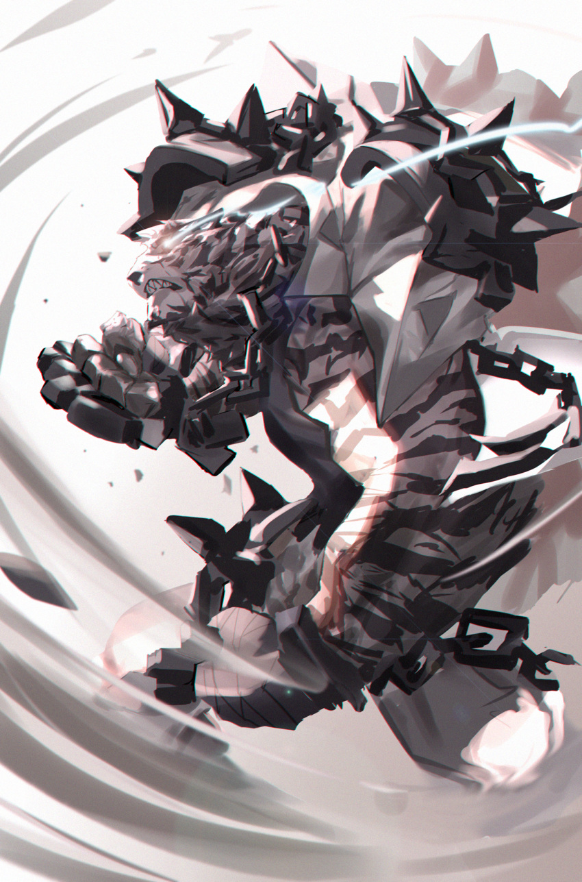 1boy animal_ears arknights bandaged_arm bandages black_tank_top chain_necklace dannis_c derivative_work feet_out_of_frame fighting_stance furry glowing glowing_eye highres looking_to_the_side male_focus mountain_(arknights) muscular muscular_male pants scar scar_across_eye short_hair smoke solo tail tank_top tiger_boy tiger_ears tiger_tail white_fur white_hair white_pants