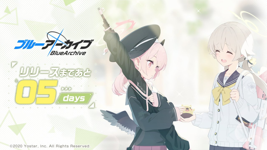 2girls assault_rifle beret blue_archive blurry blurry_background blush closed_eyes collarbone countdown gun halo hat hifumi_(blue_archive) koharu_(blue_archive) long_hair looking_at_another multiple_girls official_art open_mouth pink_eyes pink_hair rifle school_uniform short_hair stuffed_toy weapon wings