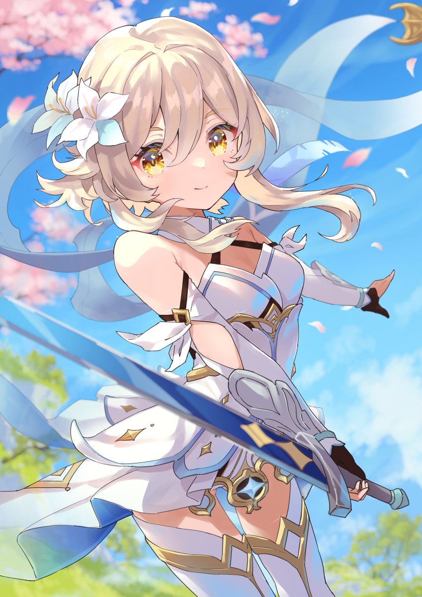 1girl absurdres blonde_hair blue_sky cherry_blossoms cowboy_shot day dress fingerless_gloves flower genshin_impact gloves hair_flower hair_ornament hatsuga_(dmaigmai) highres holding holding_sword holding_weapon looking_at_viewer lumine_(genshin_impact) outdoors petals scarf sidelocks sky smile sword thigh-highs tree vambraces weapon white_dress white_scarf yellow_eyes