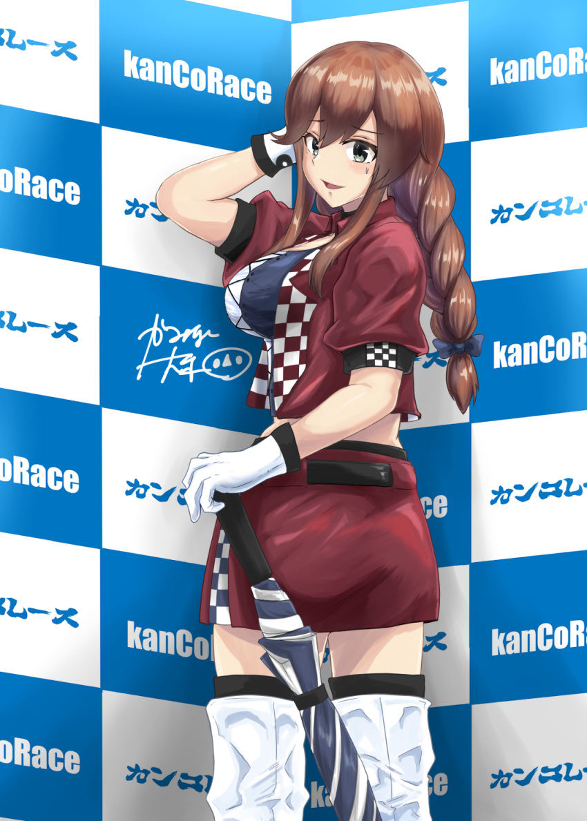 1girl alternate_costume bangs boots braid breasts brown_hair checkered checkered_background gloves green_eyes highres jacket kaminashi_yamato kantai_collection large_breasts midriff miniskirt noshiro_(kancolle) racequeen red_jacket red_skirt short_sleeves skirt solo swept_bangs thigh-highs thigh_boots twin_braids white_footwear white_gloves