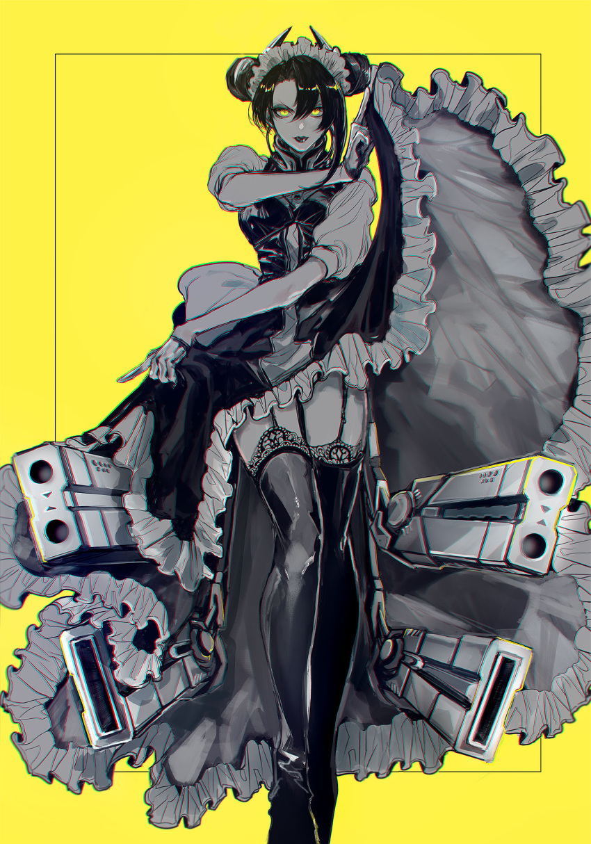 1girl agent_(girls_frontline) asymmetrical_hair black_dress black_gloves black_hair black_legwear boots breasts cable chromatic_aberration double_bun dress dress_lift frilled_dress frills garter_straps girls_frontline gloves gun hand_up highres lace-trimmed_legwear lace_trim legs lips lipstick looking_at_viewer maid maid_headdress makeup mechanical_arms medium_breasts monochrome sangvis_ferri short_hair_with_long_locks simple_background solo spot_color thigh-highs thigh_boots thighs tomita weapon yellow_background yellow_eyes