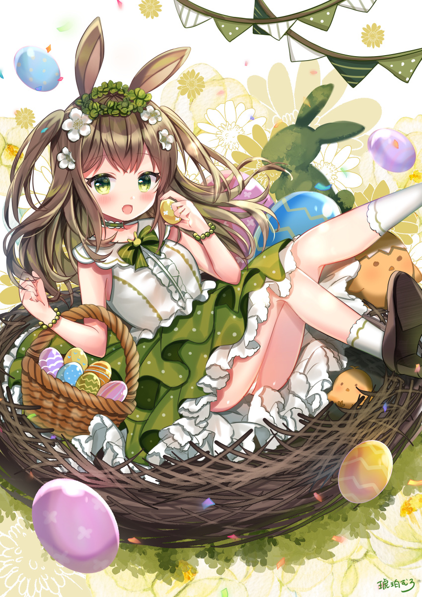 1girl :d absurdres animal_ears bangs basket bead_bracelet beads bracelet brown_footwear brown_hair choker commentary crossed_bangs easter easter_egg egg eyebrows_visible_through_hair flower frilled_shirt frilled_skirt frills green_eyes green_neckwear green_skirt hair_flower hair_ornament highres holding holding_egg huge_filesize jewelry kohaku_muro long_hair open_mouth original oversized_object panties panty_peek rabbit_ears shirt signature sitting skirt smile socks solo thighs twintails underwear white_legwear white_panties white_shirt wreath