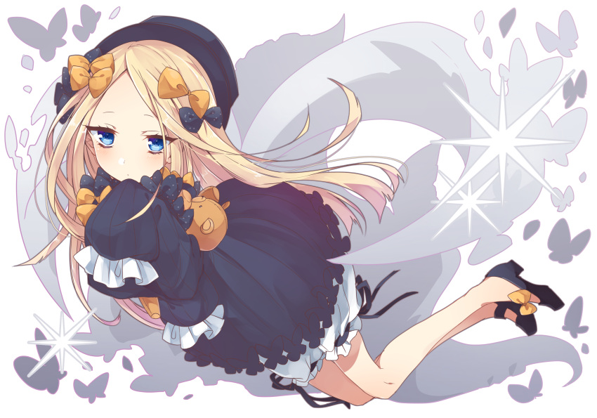 1girl abigail_williams_(fate) bangs black_bow black_dress black_footwear black_headwear blonde_hair blue_eyes bow dress fate/grand_order fate_(series) hair_bow hat highres holding holding_stuffed_toy long_hair looking_at_viewer multiple_bows nghbr orange_bow parted_bangs sleeves_past_wrists solo stuffed_animal stuffed_toy teddy_bear white_bloomers