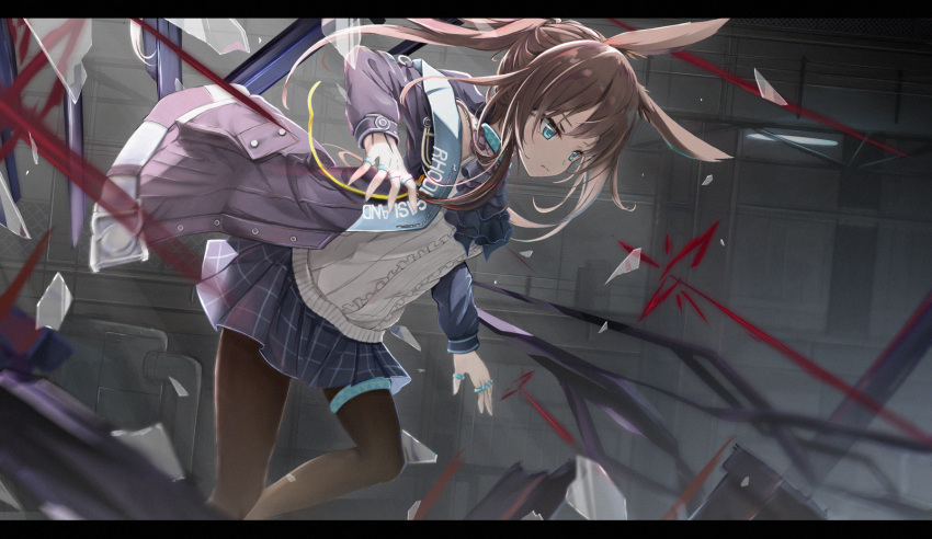 1girl amiya_(arknights) animal_ears arknights bangs black_jacket blue_choker blue_eyes blue_neckwear blue_skirt broken_glass brown_hair brown_legwear choker clothes_writing cowboy_shot eatos english_commentary frown glass highres jacket jewelry long_hair long_sleeves miniskirt open_clothes originium_arts_(arknights) pantyhose rabbit_ears ribbed_sweater ring skirt solo sweater thighlet white_sweater