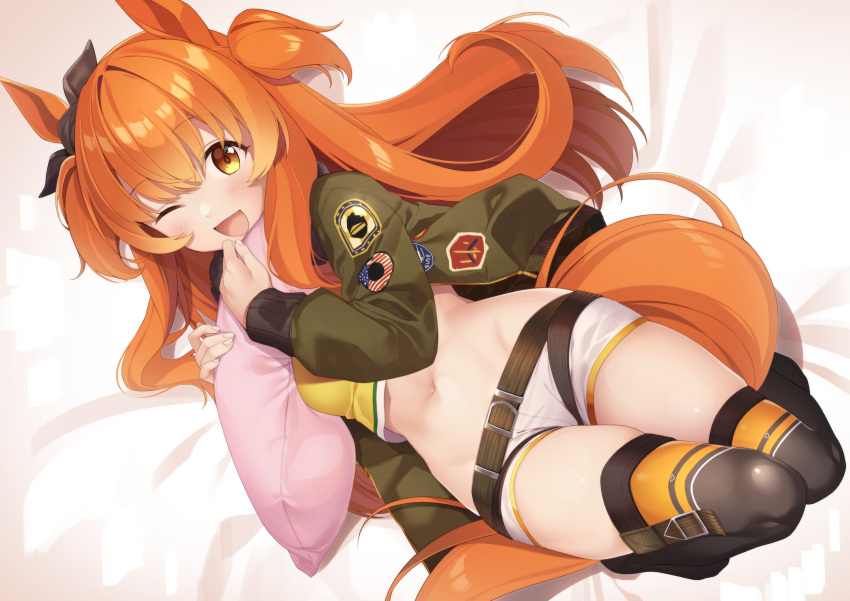 1girl ;d absurdres animal_ears bangs bed_sheet black_legwear blush breasts brown_eyes commentary_request crop_top eyebrows_visible_through_hair green_jacket hair_between_eyes highres horse_ears horse_girl horse_tail jacket knees_up long_hair long_sleeves looking_at_viewer lying mayano_top_gun_(umamusume) midriff navel no_shoes on_back one_eye_closed open_clothes open_jacket open_mouth orange_hair parutoneru pillow pillow_hug shirt short_shorts shorts sleeves_past_wrists small_breasts smile solo tail thigh-highs twintails two_side_up umamusume very_long_hair white_shorts yellow_shirt