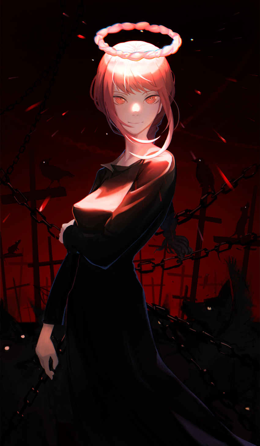 1girl absurdres bird black_dress braid braided_ponytail breasts chain chainsaw_man closed_mouth commentary cowboy_shot cross crow dog dress glowing gradient gradient_background graveyard halo highres long_sleeves looking_at_viewer makima_(chainsaw_man) medium_breasts medium_hair mrstomachache red_background red_eyes redhead ringed_eyes smile solo