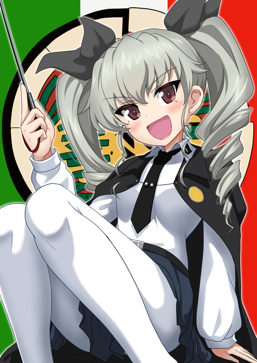 1girl :d absurdres anchovy_(girls_und_panzer) anzio_(emblem) anzio_school_uniform bangs belt black_belt black_cape black_neckwear black_ribbon black_skirt cape dress_shirt drill_hair emblem excel_(shena) eyebrows_visible_through_hair flag_background girls_und_panzer green_hair hair_ribbon highres italian_flag light_blush long_hair long_sleeves looking_at_viewer miniskirt necktie open_mouth pantyhose pleated_skirt red_eyes ribbon riding_crop school_uniform shirt sitting skirt smile solo twin_drills twintails white_legwear white_shirt wing_collar