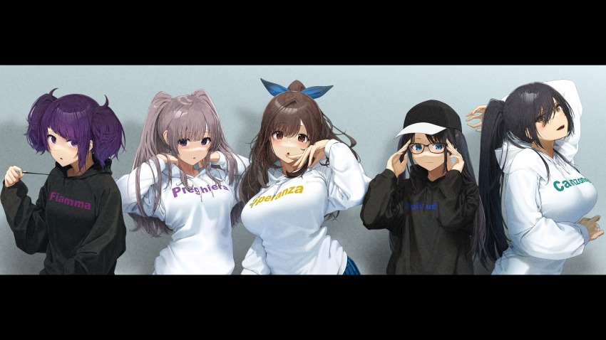 5girls :o adjusting_eyewear arm_up arms_up bangs baseball_cap black-framed_eyewear black_hair black_headwear black_hoodie blue_eyes blue_ribbon blush breasts brown_hair closed_mouth clothes_writing diagonal_bangs drawstring drawstring_pull ear_piercing earrings eyebrows_visible_through_hair finger_to_mouth fingernails glasses gradient gradient_background grey_background hair_between_eyes hair_ribbon hands_up hat high_ponytail highres hood hood_down hoodie idolmaster idolmaster_shiny_colors italian_text jewelry l'antica_(idolmaster) large_breasts letterboxed long_fingernails long_hair long_sleeves looking_at_viewer medium_breasts mitsumine_yuika multiple_girls noeru open_mouth parted_lips piercing ponytail purple_hair red_eyes ribbon shirase_sakuya short_hair short_twintails smile swept_bangs tanaka_mamimi translated tsukioka_kogane twintails upper_body violet_eyes white_hoodie yellow_eyes yuukoku_kiriko