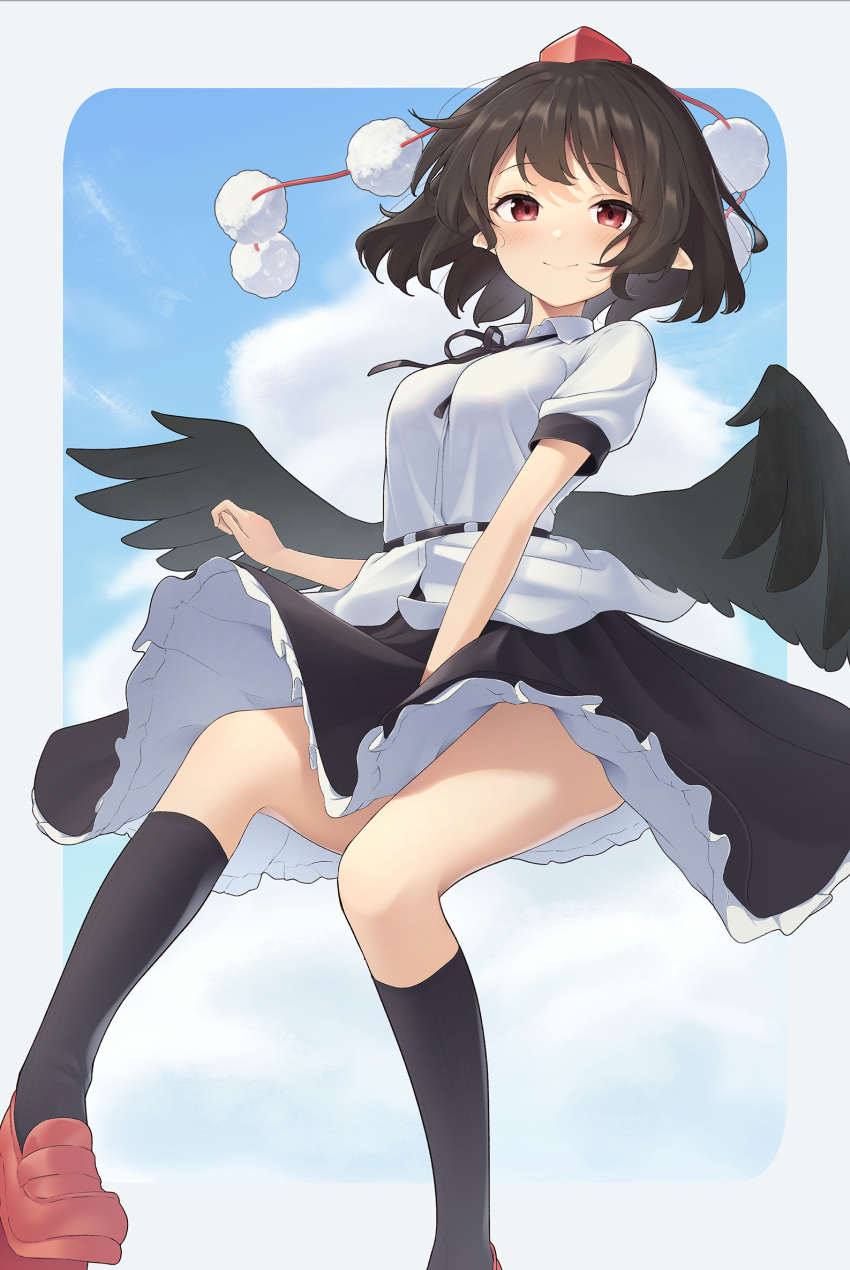 1girl bangs bird_wings black_hair black_legwear black_neckwear black_ribbon black_skirt black_wings blush border breasts closed_mouth clouds cloudy_sky day eyebrows_visible_through_hair floating foot_out_of_frame geta hat highres kanpa_(campagne_9) kneehighs looking_at_viewer medium_breasts outdoors outside_border petticoat pointy_ears pom_pom_(clothes) red_eyes red_footwear red_headwear ribbon shameimaru_aya shirt short_hair short_sleeves skirt sky smile solo swept_bangs tengu-geta tokin_hat touhou white_border white_shirt wings