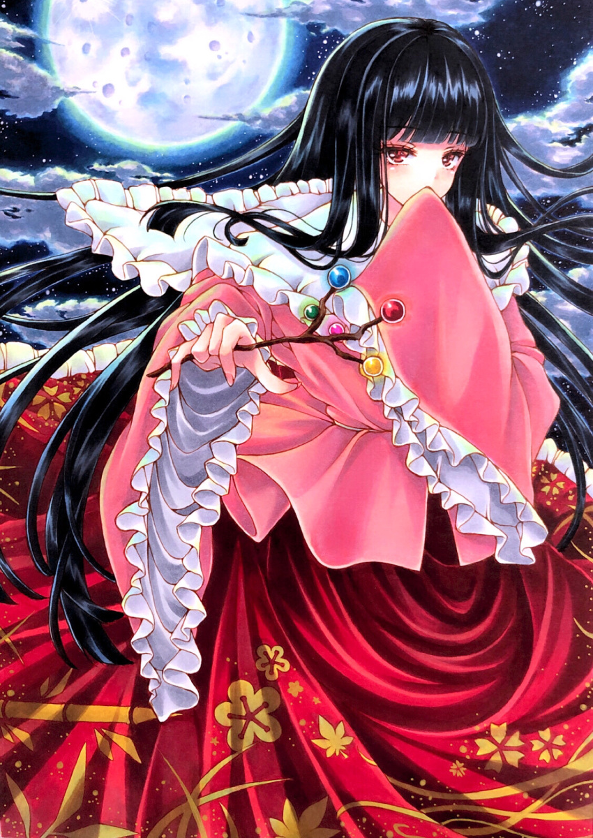 1girl bamboo_print bangs black_hair blunt_bangs blush branch clouds cloudy_sky commentary_request covering_mouth eyebrows_visible_through_hair eyelashes feet_out_of_frame floating_hair floral_print frilled_shirt_collar frills full_moon hand_up highres holding holding_branch houraisan_kaguya jeweled_branch_of_hourai long_hair long_skirt looking_at_viewer marker_(medium) mktr_(princess_mktr) moon night night_sky pink_shirt red_eyes red_skirt shirt skirt sky sleeves_past_fingers sleeves_past_wrists solo standing star_(sky) starry_sky touhou traditional_media very_long_hair wide_sleeves