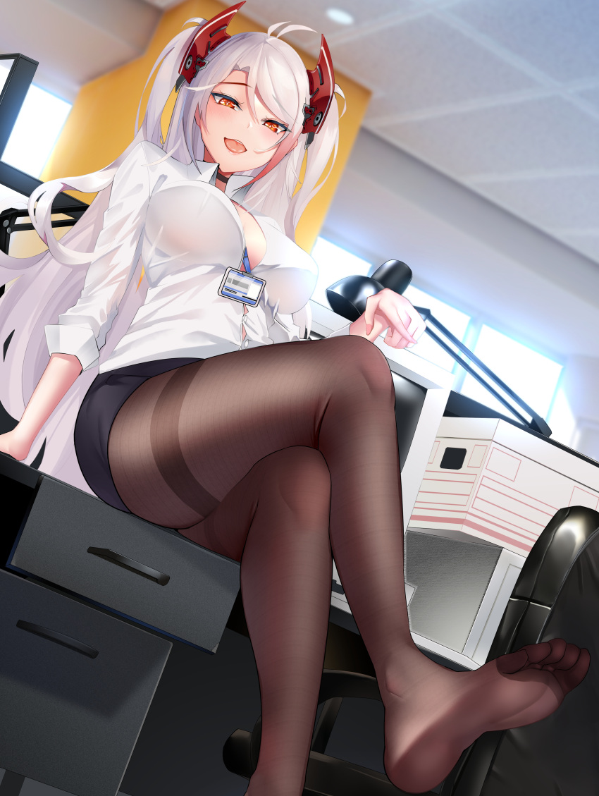 1girl absurdres alternate_costume antenna_hair asuo azur_lane bangs between_breasts black_bra black_legwear black_skirt bra bra_through_clothes breasts chair collared_shirt crossed_legs day desk drawer dress_shirt eyebrows_visible_through_hair feet headgear highres indoors lamp lanyard large_breasts long_hair looking_at_viewer multicolored_hair name_tag no_shoes office office_chair office_lady open_mouth pantyhose pointing prinz_eugen_(azur_lane) red_eyes redhead shirt silver_hair skirt sleeves_rolled_up soles solo streaked_hair thighband_pantyhose thighs toes two_side_up underwear very_long_hair white_shirt window