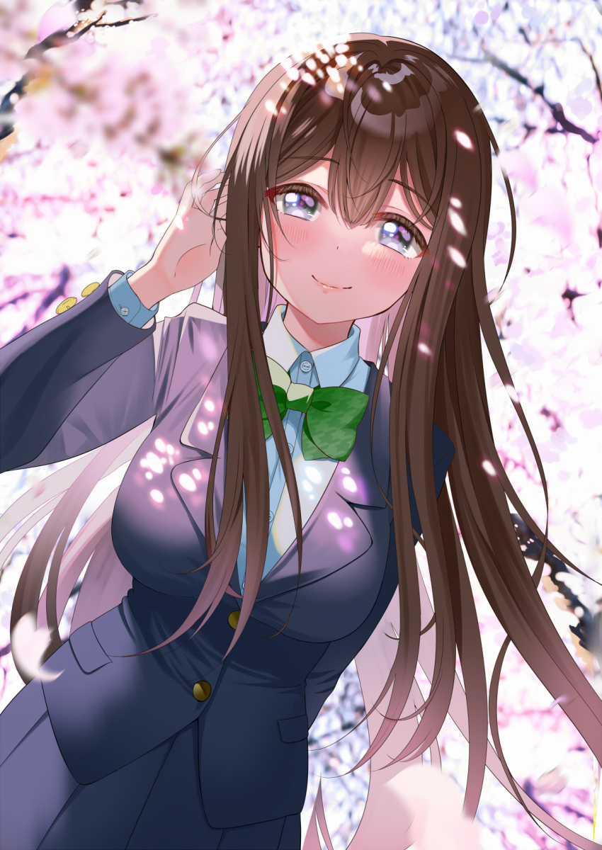 1girl arm_up bangs black_jacket blurry blush breasts brown_hair cherry_blossoms closed_mouth collared_shirt commentary_request day depth_of_field eyebrows_visible_through_hair flat_chest green_neckwear hair_between_eyes hair_blowing hand_in_hair highres jacket large_breasts lips long_hair long_sleeves looking_at_viewer original outdoors piyopoyo school_uniform shirt sidelocks smile solo spring_(season) standing tree_branch uniform violet_eyes white_shirt