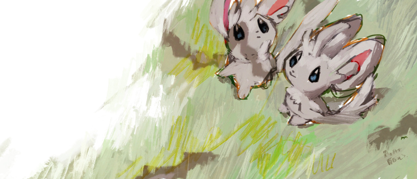 absurdres animal_focus aomidori_iro artist_name blue_eyes closed_mouth commentary day from_above full_body gen_5_pokemon grass green_background highres looking_up minccino no_humans outdoors pokemon pokemon_(creature) signature sketch standing translation_request