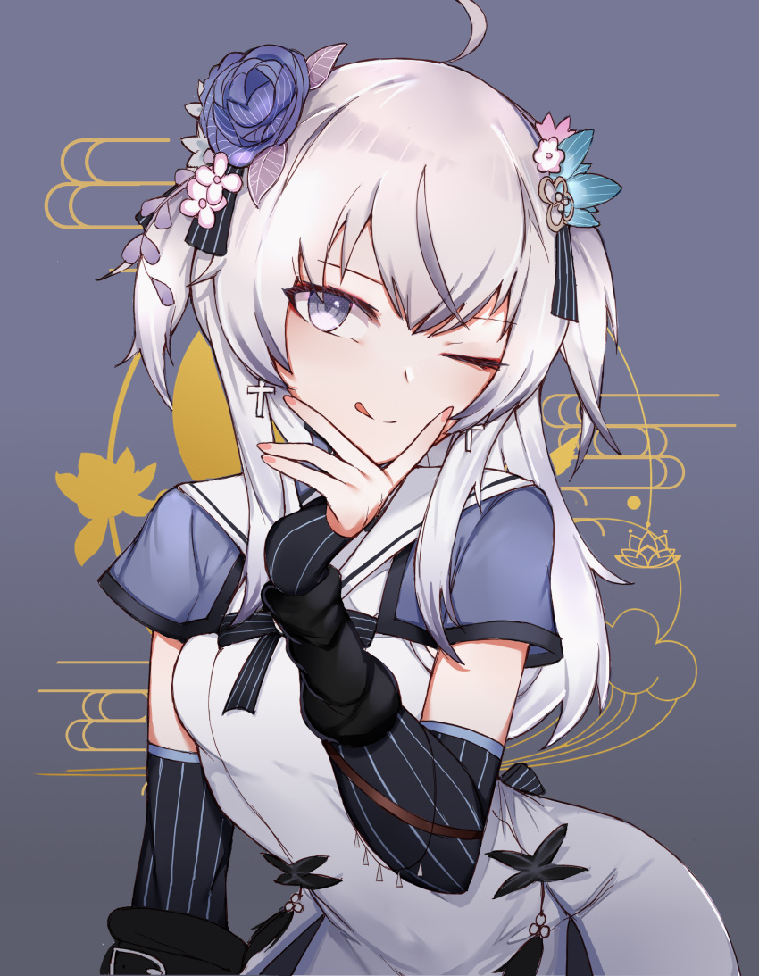 1girl absurdres ahoge azuma_seren blanche_fleur choumi_wuti_(xueye_fanmang_zhong) closed_mouth cross flower full_body hair_flower hair_ornament highres looking_at_viewer silver_hair twintails two_side_up v vampire violet_eyes virtual_youtuber