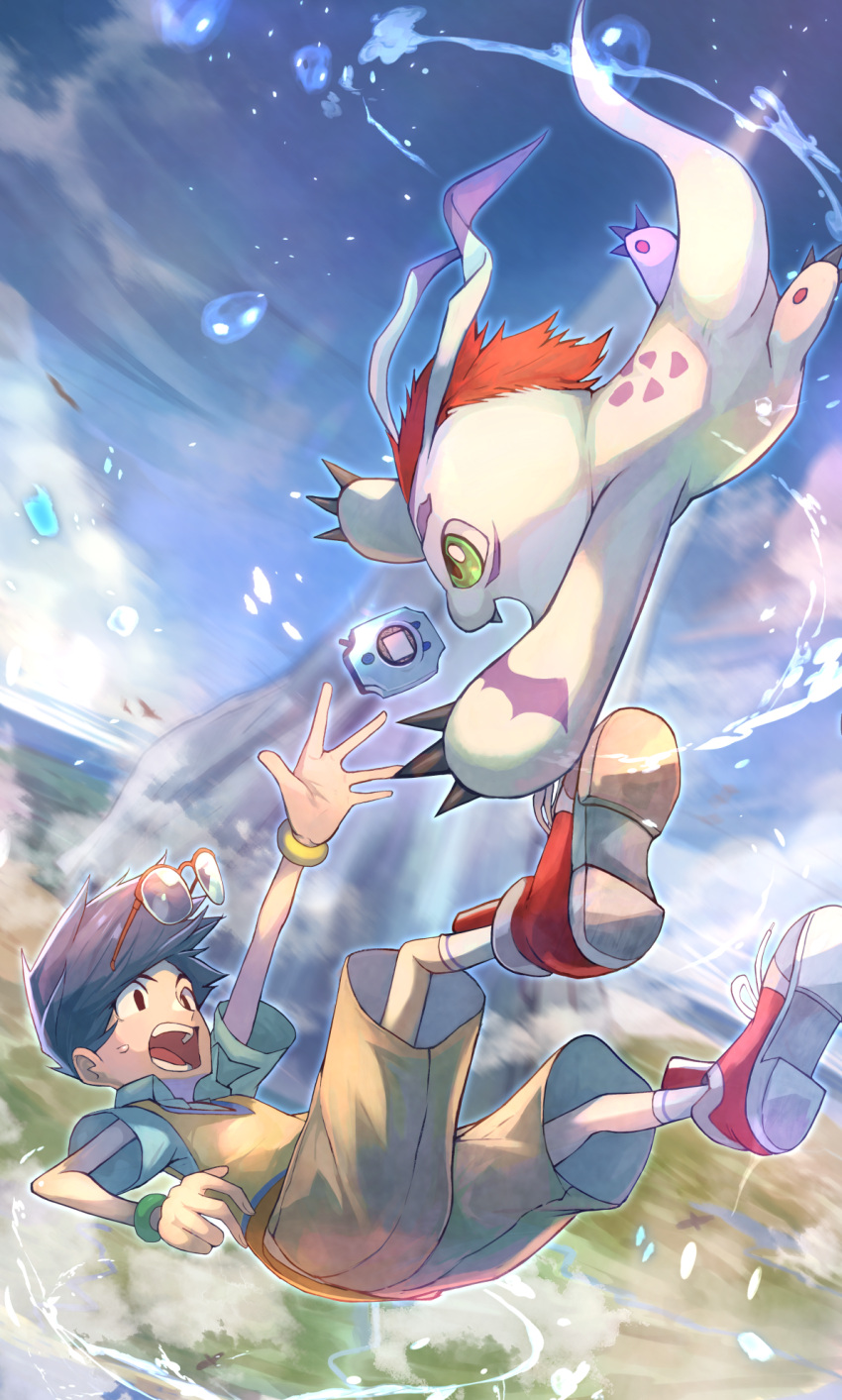 1boy blue_hair bracelet day digimon digimon_(creature) digimon_adventure digimon_adventure: digivice droplet eye_contact eyewear_removed falling gomamon green_eyes highres jewelry kido_jou looking_at_another male_focus ohako_(ohako1818) open_mouth outdoors outstretched_arm shoes shouting sky sneakers
