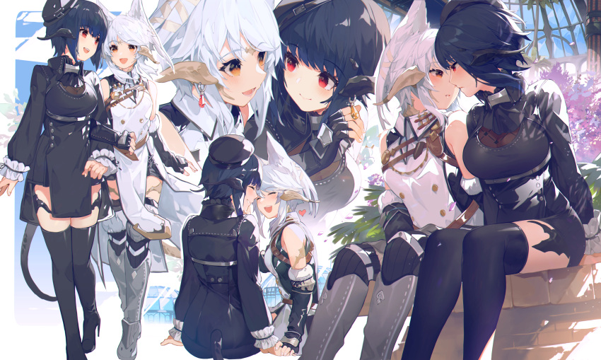 2girls akizone au_ra bag bangs bare_shoulders black_gloves black_hair black_headwear black_jacket black_legwear blush boots breasts buttons cheeze_(akizone) dating double-breasted earrings eyebrows_visible_through_hair final_fantasy final_fantasy_xiv fingerless_gloves frills gem gloves grey_footwear happy highres holding_hands imminent_kiss jacket jewelry large_breasts long_sleeves looking_at_another lower_teeth multiple_girls multiple_views open_mouth original red_eyes renz_(rirene_rn) scales short_hair skirt smile standing striped striped_legwear thigh-highs thigh_boots upper_teeth white_hair yuri zettai_ryouiki