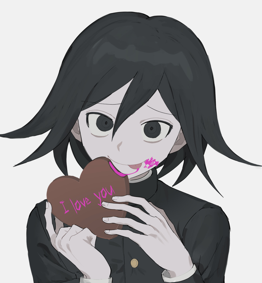 1boy :p bangs black_eyes black_hair black_jacket blood blood_on_face candy chocolate chocolate_heart dangan_ronpa_(series) dangan_ronpa_v3:_killing_harmony food gloves hair_between_eyes heart hhaharaa_(23454s) highres jacket long_sleeves looking_at_viewer male_focus official_alternate_costume ouma_kokichi pale_skin pink_blood short_hair simple_background smile solo tongue tongue_out upper_body white_background