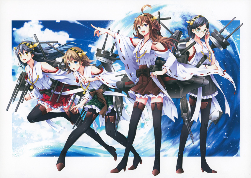 4girls absurdres ahoge aqua_eyes bangs bare_shoulders black_hair blue_eyes blue_sky boots breasts brown_hair clouds cloudy_sky frills full_body glasses hair_ornament hand_on_hip haruna_(kancolle) hiei_(kancolle) high_heel_boots high_heels highres huge_filesize japanese_clothes kantai_collection kirishima_(kancolle) kongou_(kancolle) leg_up long_hair machinery medium_breasts multiple_girls nontraditional_miko open_mouth pleated_skirt pointing ringo_ame scan shiny shiny_hair short_hair simple_background skirt sky smile thigh-highs thigh_boots turret violet_eyes water waves wide_sleeves zettai_ryouiki