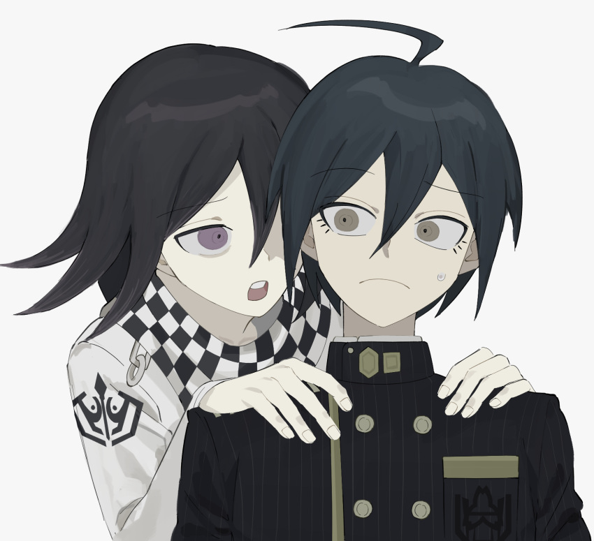 2boys ahoge bangs black_hair black_jacket breast_pocket buttons checkered checkered_background checkered_neckwear checkered_scarf commentary dangan_ronpa_(series) dangan_ronpa_v3:_killing_harmony double-breasted frown gakuran grey_background hair_between_eyes hands_on_another's_shoulders hhaharaa_(23454s) highres holding jacket long_sleeves looking_at_another male_focus multiple_boys open_mouth ouma_kokichi pocket saihara_shuuichi scarf school_uniform simple_background straitjacket striped sweatdrop upper_body upper_teeth vertical_stripes violet_eyes white_background