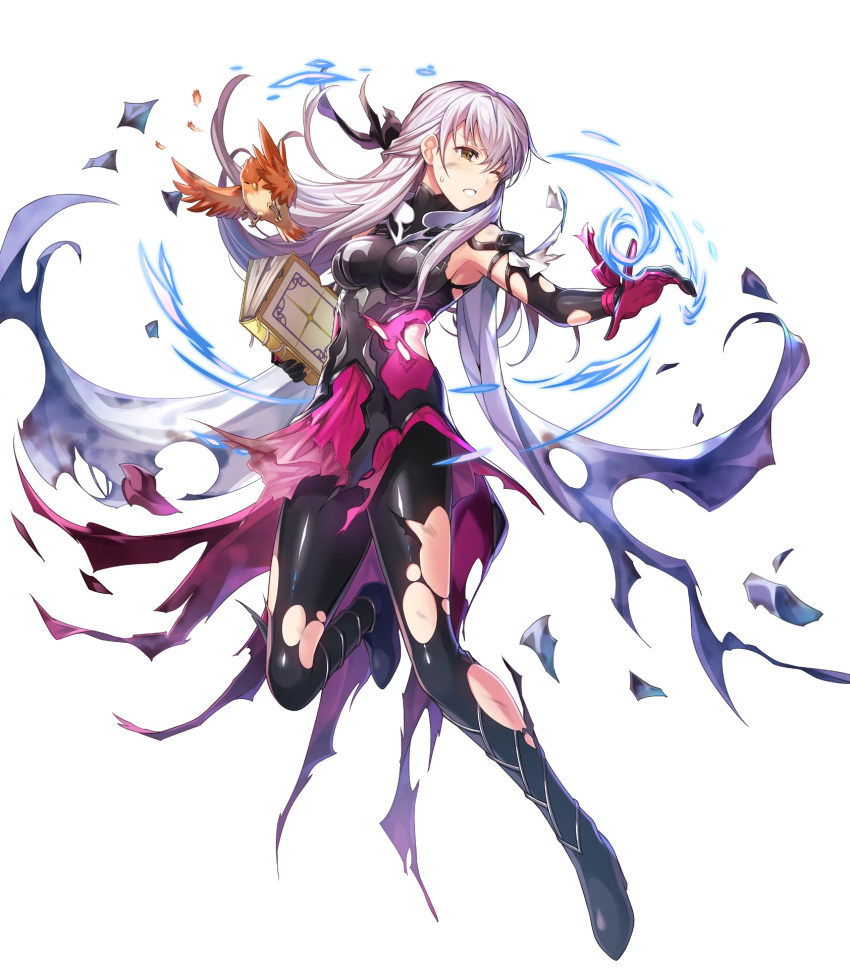 1girl animal bangs bare_shoulders bird boots bow bracelet breasts cape closed_mouth dress elbow_gloves eyebrows_visible_through_hair fire_emblem fire_emblem:_radiant_dawn fire_emblem_heroes gloves gradient gradient_clothes hair_bow highres jewelry long_hair medium_breasts micaiah_(fire_emblem) official_art short_dress silver_hair sleeveless thigh-highs thigh_boots tied_hair torn_cape torn_clothes transparent_background turtleneck yellow_eyes yune_(fire_emblem)