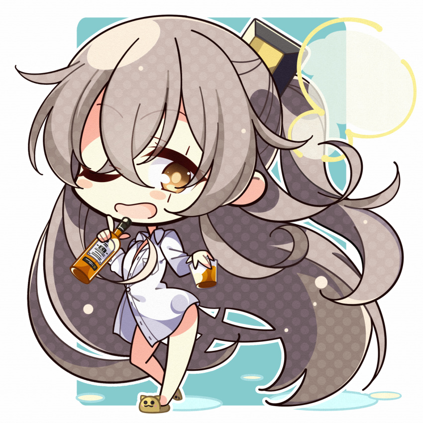 1girl 7:08 alternate_costume bangs blush blush_stickers bottle brown_legwear commentary_request cup eyebrows_visible_through_hair full_body girls_frontline grey_hair hair_between_eyes hair_ornament highres holding holding_bottle holding_cup long_hair looking_at_viewer one_eye_closed open_mouth scar scar_across_eye shirt solo standing ump45_(girls_frontline) white_shirt