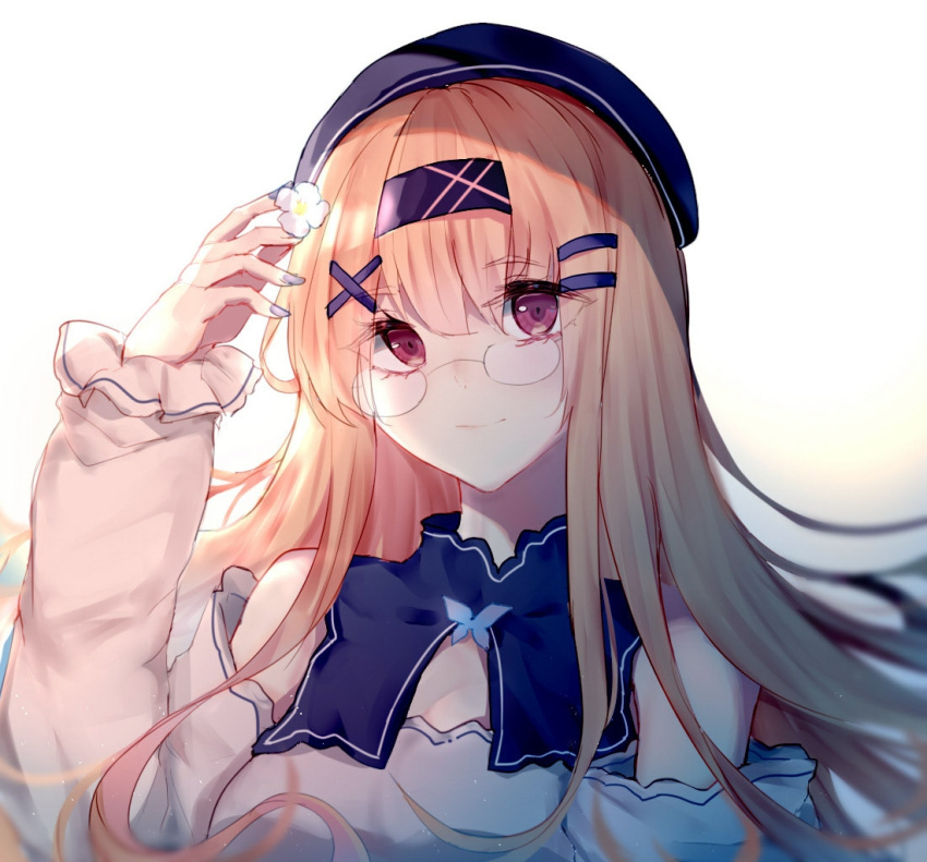 1girl 3874384829 beret bespectacled blonde_hair blue_hairband blue_headwear constellation_(warship_girls_r) eyebrows_visible_through_hair glasses hair_ornament hairband hairclip hat long_hair portrait red_eyes solo warship_girls_r x_hair_ornament