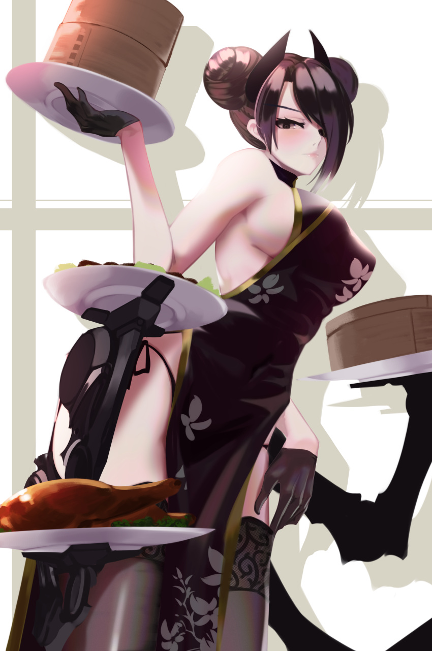1girl absurdres agent_(girls_frontline) alternate_costume asymmetrical_hair bamboo_steamer black_dress black_gloves black_hair black_legwear blush breasts china_dress chinese_clothes closed_mouth cowboy_shot double_bun dress drop_shadow duck_(food) eyelashes floral_print food garnish girls_frontline gloves gold_trim hair_over_one_eye highres holding holding_plate huge_filesize lace-trimmed_legwear lace_trim legs lips looking_at_viewer meat mechanical_arms mundane_utility no_bra ohc. paisley panties plate salad sangvis_ferri short_hair_with_long_locks side-tie_panties sideboob solo thigh-highs thighs tray underwear yellow_eyes