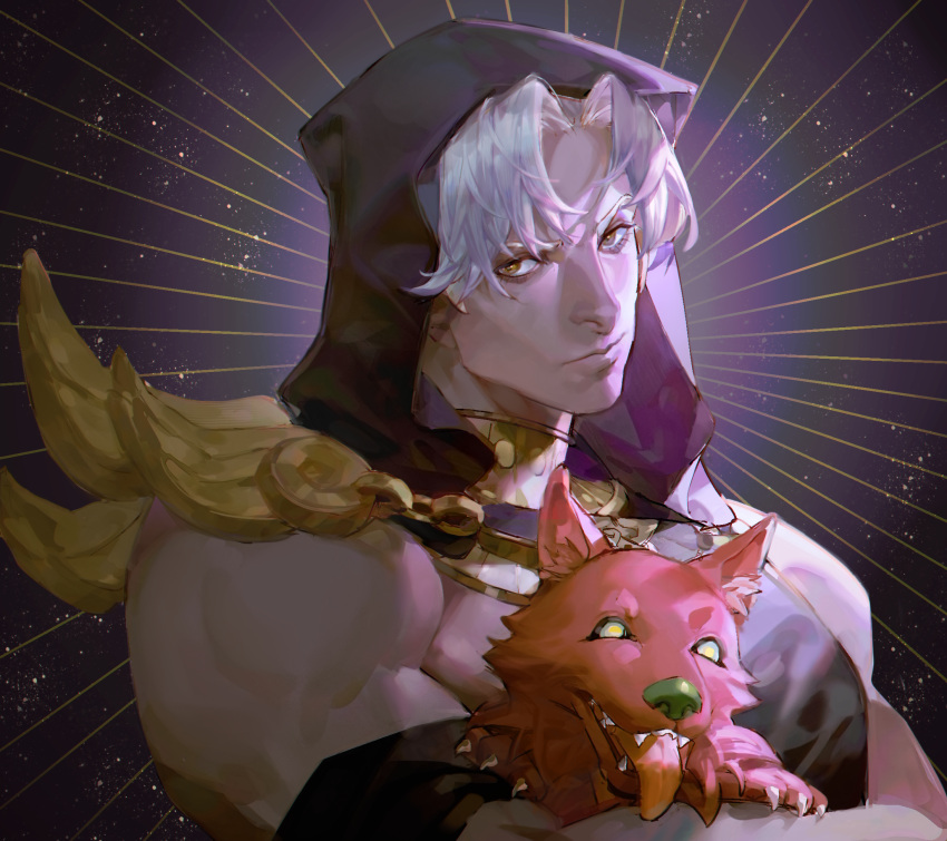 1boy animal atiti_(ttttt945) bangs brown_eyes carrying cerberus_(hades) chinese_commentary closed_mouth commentary_request dog eyebrows_behind_hair hades_(game) highres holding holding_animal hood hood_up jewelry male_focus muscular muscular_male neck_ring parted_bangs portrait short_hair solo_focus thanatos_(hades) white_hair