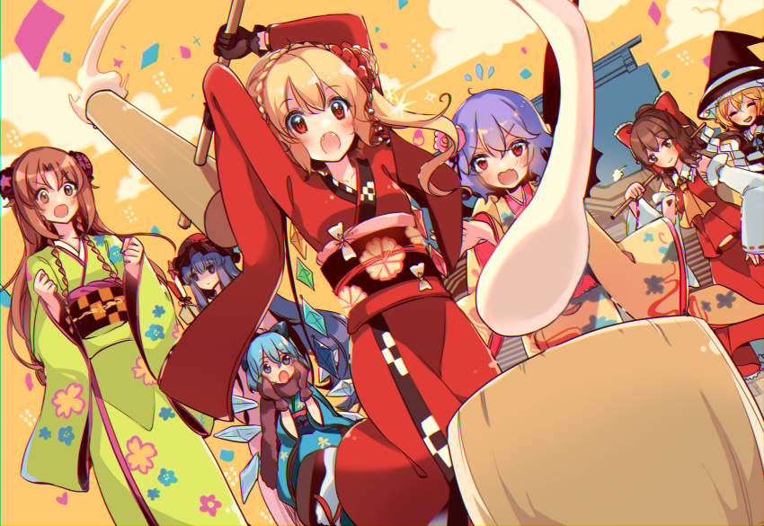 6+girls absurdres alternate_costume alternate_hairstyle arrow_(projectile) black_gloves black_headwear black_skirt blonde_hair blue_bow blue_eyes blue_hair blue_kimono blush bow braid brown_eyes brown_hair building bun_cover cirno closed_eyes clouds commentary_request confetti crown_braid crystal detached_sleeves detached_wings double_bun ema fangs flandre_scarlet flying_sweatdrops gloves gohei green_kimono hair_bow hair_ornament hakurei_reimu hamaya hand_on_hip hands_up hat highres holding hong_meiling ice ice_wings japanese_clothes kanzashi kimono kine kirero kirisame_marisa long_hair long_sleeves mallet mob_cap mochi mortar multiple_girls new_year open_mouth outdoors patchouli_knowledge pink_kimono purple_hair red_bow red_eyes red_kimono red_shirt red_skirt remilia_scarlet shirt short_hair side_ponytail skirt smile sparkle touhou twin_braids wide_sleeves wings witch_hat yellow_background yellow_kimono