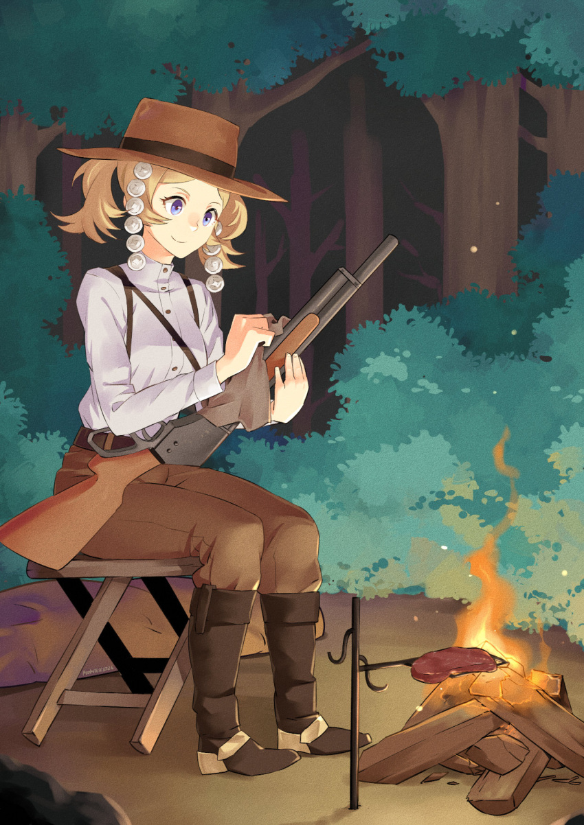 1girl campfire cooking cowboy_hat fire fire_emblem fire_emblem:_kakusei fire_emblem_awakening forest gun lissa_(fire_emblem) red_dead_redemption shotgun