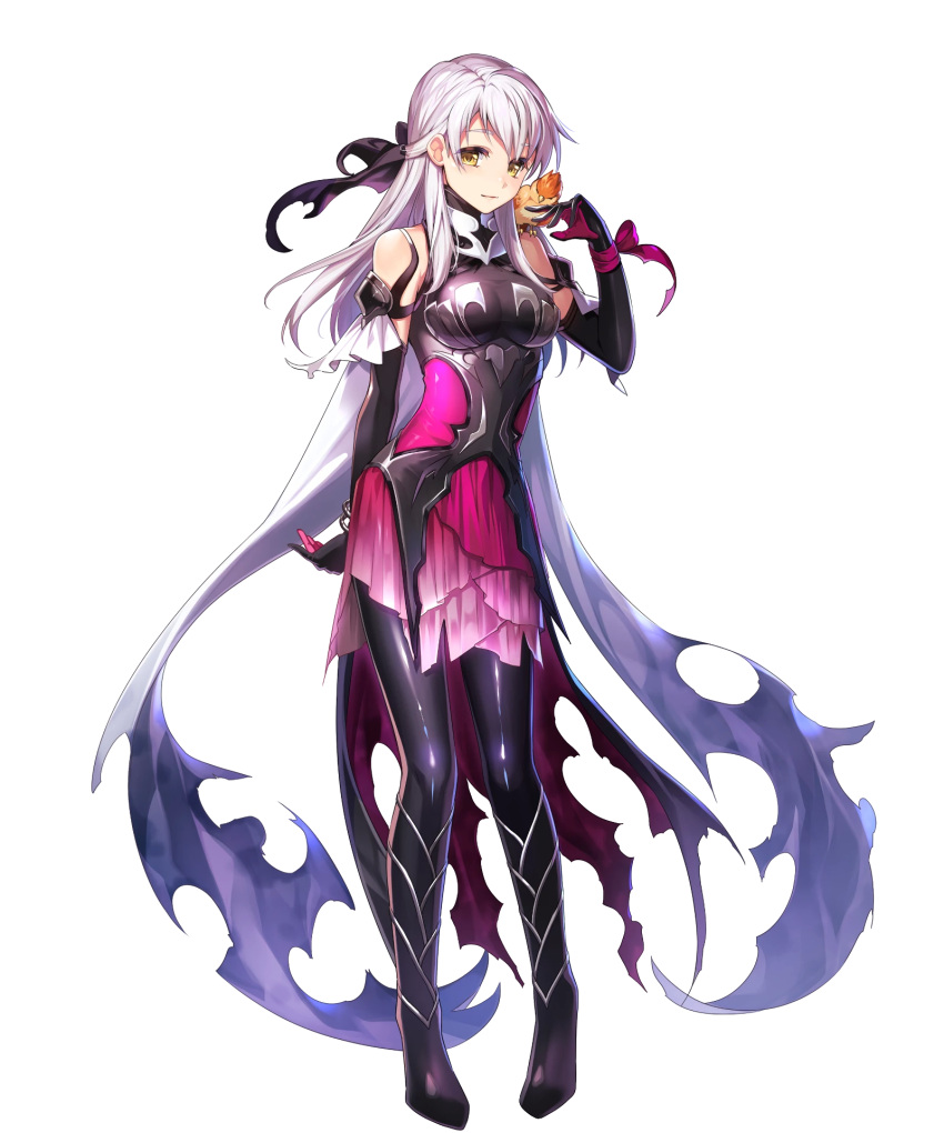 1girl animal bangs bare_shoulders bird boots bow bracelet breasts cape closed_mouth dress elbow_gloves eyebrows_visible_through_hair fire_emblem fire_emblem:_radiant_dawn fire_emblem_heroes gloves gradient gradient_clothes hair_bow highres jewelry long_hair medium_breasts micaiah_(fire_emblem) official_art short_dress silver_hair sleeveless thigh-highs thigh_boots tied_hair torn_cape torn_clothes transparent_background turtleneck yellow_eyes yune_(fire_emblem)