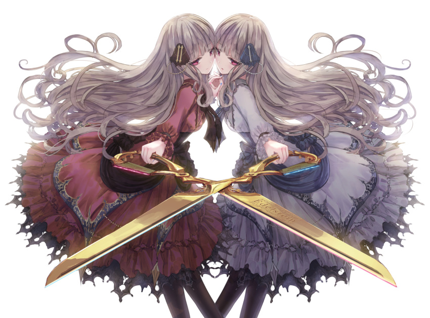 2girls ascot dress engraved frills hair_ornament highres holding_hands jewelry long_hair looking_at_viewer missile228 multiple_girls nail_polish original red_eyes scissor_blade silver_hair