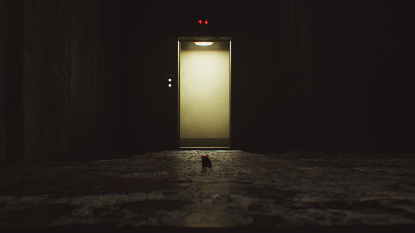 3d absurdres animal arai-san_mansion arrow_(symbol) backlighting ceiling_light dark doorway elevator elevator_door floor hallway highres indoors no_humans pushbutton rat ryu_endo sign