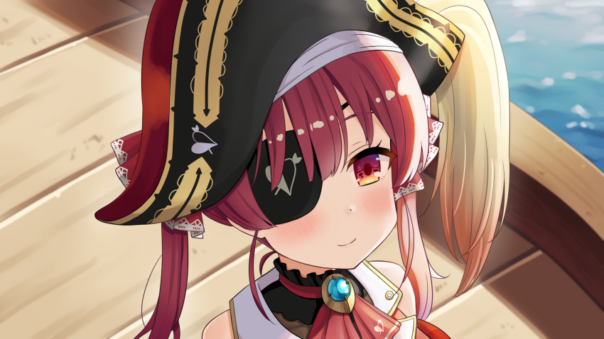 1girl bare_shoulders dorianpanda eyepatch hat heart highres hololive houshou_marine looking_up pirate_hat red_eyes redhead ship smile solo twintails upper_body virtual_youtuber water watercraft