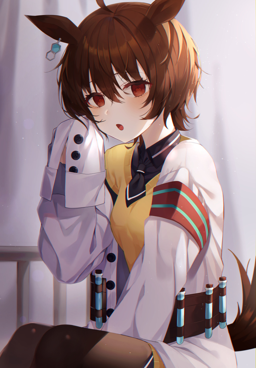 1girl absurdres ahoge animal_ears black_neckwear black_shirt brown_eyes brown_hair collared_shirt flask gold_ship_(umamusume) hair_between_eyes highres horse_ears horse_tail huge_filesize knowa labcoat looking_at_viewer necktie open_mouth shirt short_hair sitting sleeves_past_wrists solo tail umamusume vest yellow_vest