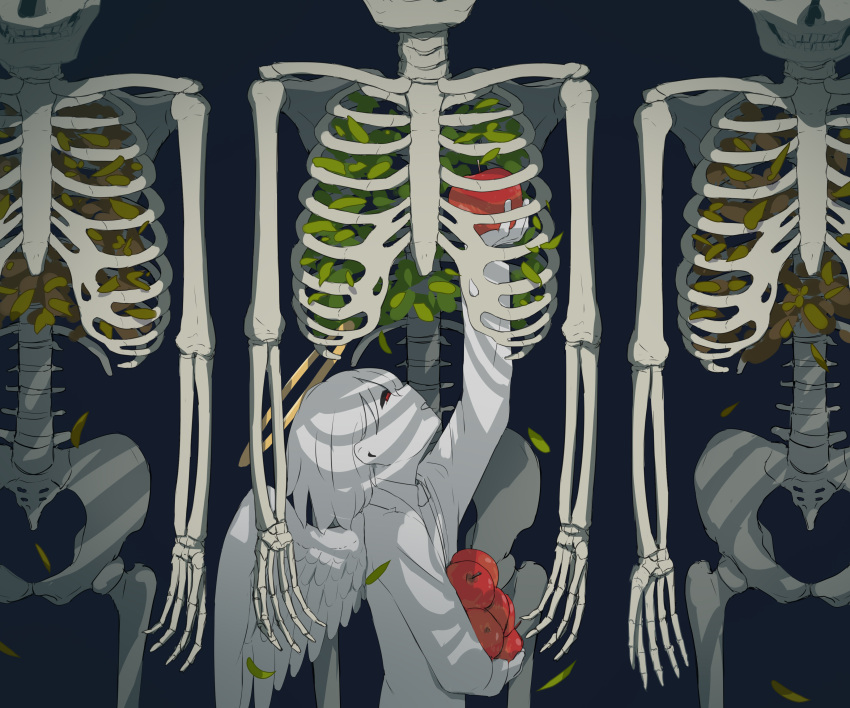 1other absurdres angel angel_wings apple arm_up avogado6 black_background commentary feet_out_of_frame food fruit halo highres holding holding_food holding_fruit long_sleeves narrowed_eyes original picking_fruit profile reaching red_eyes shirt simple_background skeleton smile symbolism upper_body white_hair white_shirt wings