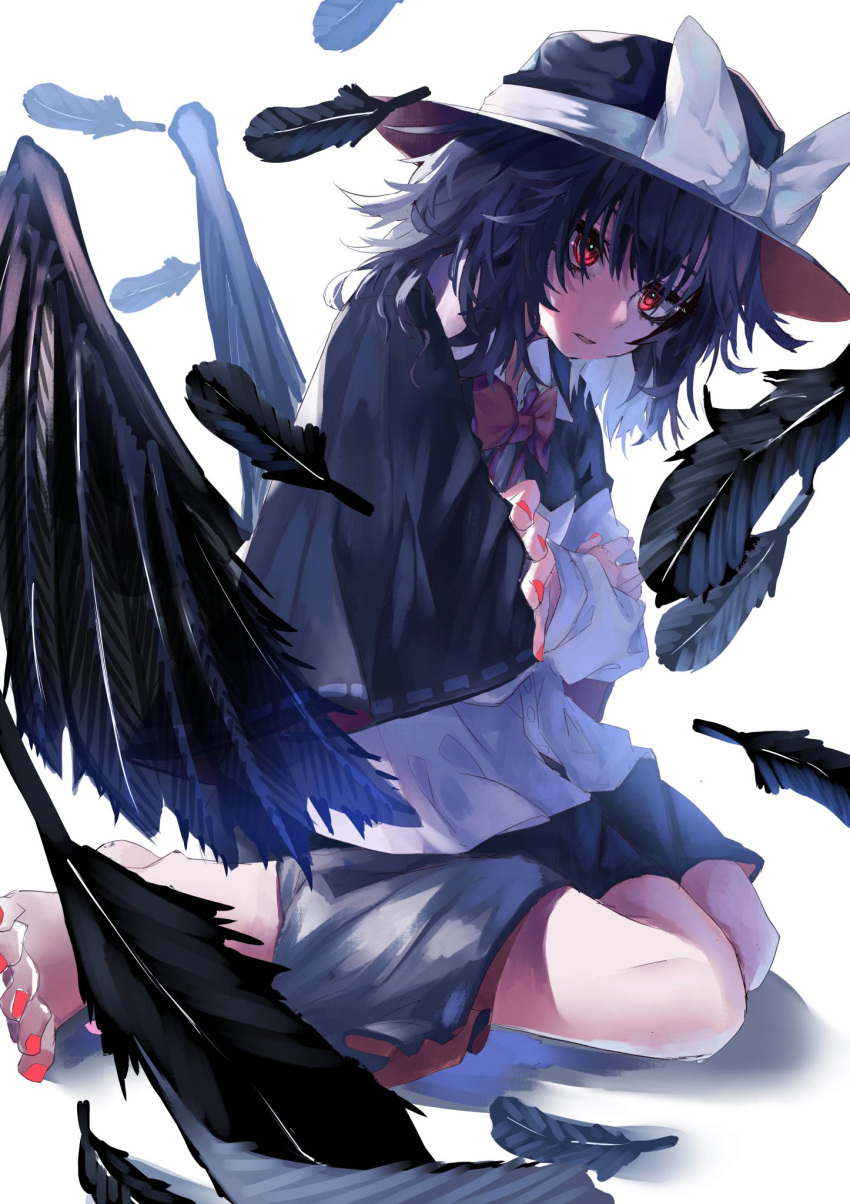 1girl bangs barefoot black_capelet black_hair black_skirt black_wings bow capelet collared_shirt crossed_arms feathered_wings fedora full_body geta glowing glowing_eyes hat hat_bow highres kneeling long_sleeves looking_at_viewer murayo open_mouth red_bow red_eyes red_nails red_neckwear shirt skirt solo tengu-geta touhou usami_renko white_bow white_shirt wings