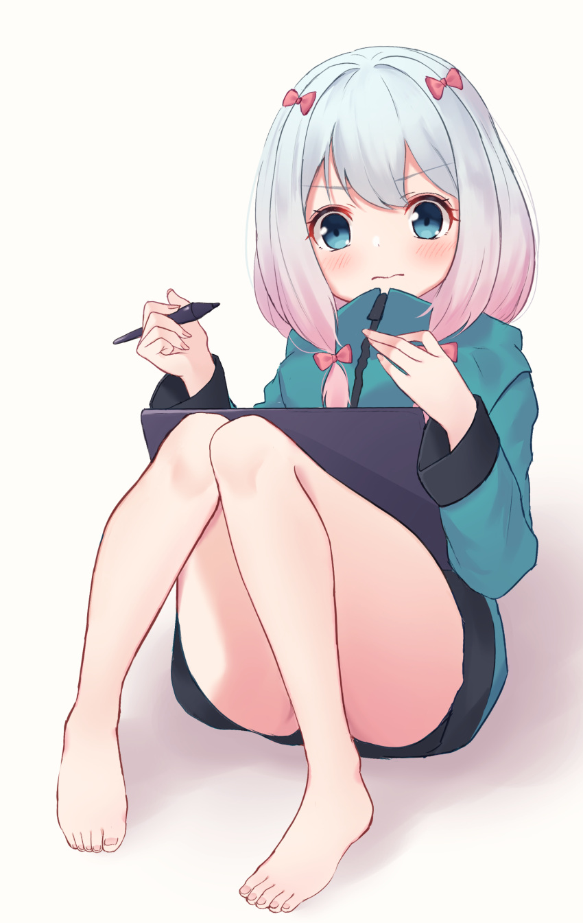 1girl absurdres ass bangs bare_legs barefoot bitseon blush bow closed_mouth commentary_request drawing_tablet eromanga_sensei full_body green_jacket grey_hair hair_bow highres holding holding_pen izumi_sagiri jacket long_hair long_sleeves looking_at_viewer low_twintails pen pink_bow sitting solo stylus twintails