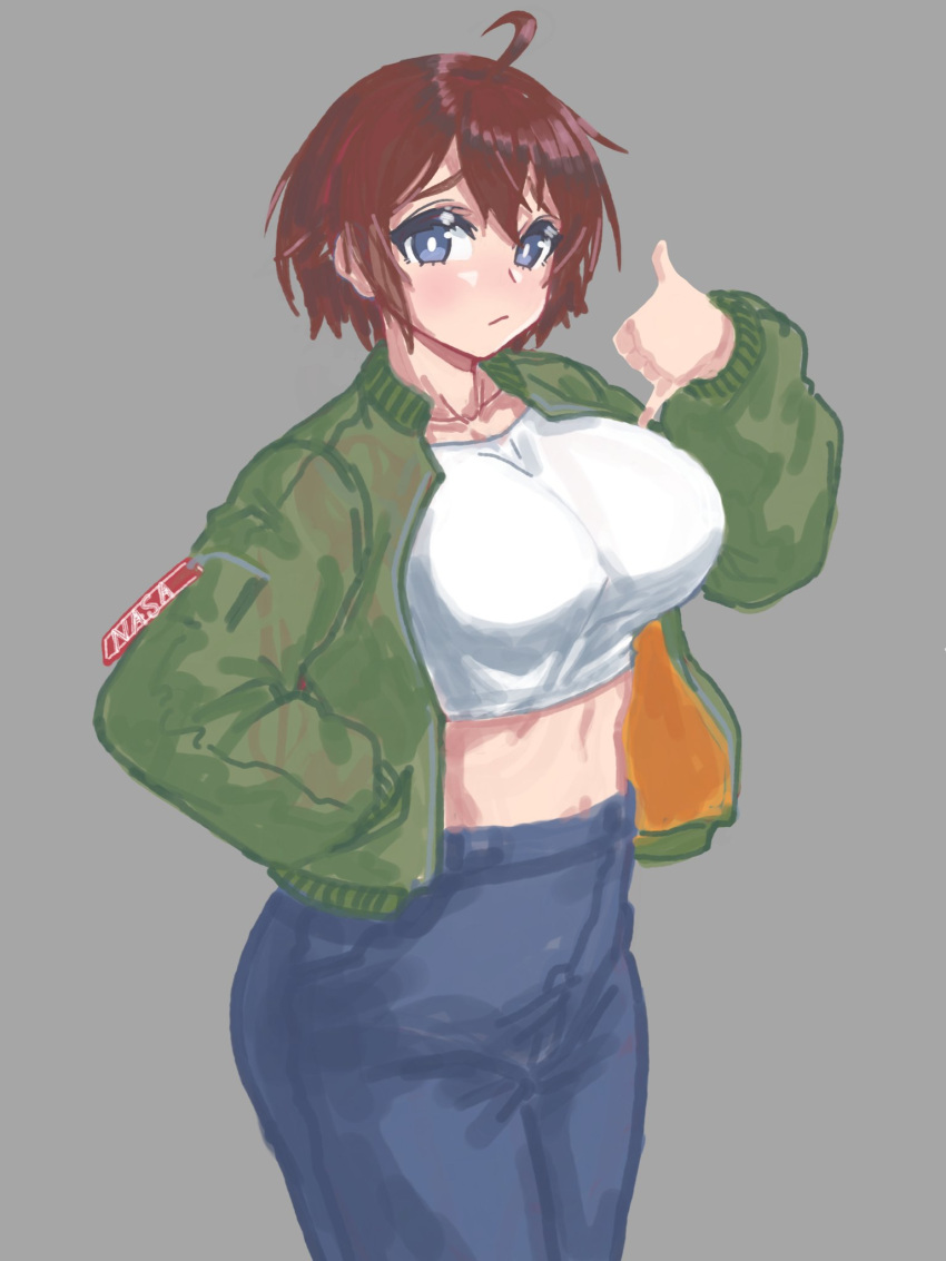 1girl blue_eyes bomber_jacket breasts bright_pupils brown_hair brups_tv collarbone cowlick crop_top denim english_commentary green_jacket hand_phone highres jacket jeans large_breasts looking_at_viewer original pants short_hair sketch solo space_girl_(brups_tv) white_pupils