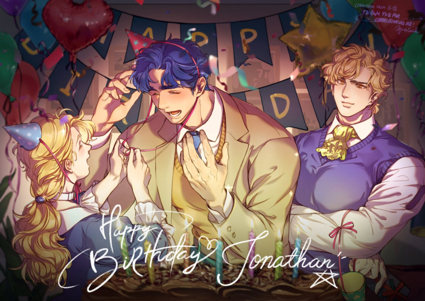 1girl 2boys birthday_cake birthday_party blonde_hair blue_hair blush cake closed_eyes collared_shirt couple dio_brando erina_pendleton food formal happy happy_birthday jojo_no_kimyou_na_bouken jonathan_joestar long_hair meng_bu_chong multiple_boys necktie phantom_blood ponytail shirt suit sweater_vest white_shirt