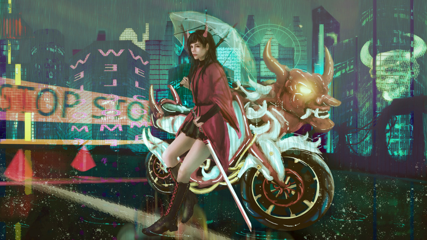 1girl bad_id bad_pixiv_id bare_legs black_footwear black_hair boots building city city_lights cityscape cross-laced_footwear cyberpunk english_text ground_vehicle highres holding holding_umbrella horns japanese_clothes kimono knee_boots lace-up_boots lefthandchi long_hair motor_vehicle motorcycle night night_sky obi oni oni_horns original pleated_skirt rain red_kimono reflection sash scenery skirt sky skyline skyscraper solo sword transparent transparent_umbrella umbrella water_drop weapon