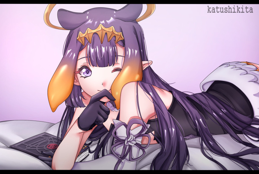 1girl artist_name bangs black_gloves book detached_sleeves english_commentary flat_chest gloves halo highres hololive hololive_english katushikita looking_at_viewer lying ninomae_ina'nis on_bed on_stomach one_eye_closed pointy_ears purple_hair single_detached_sleeve smile solo tentacle_hair violet_eyes virtual_youtuber wings