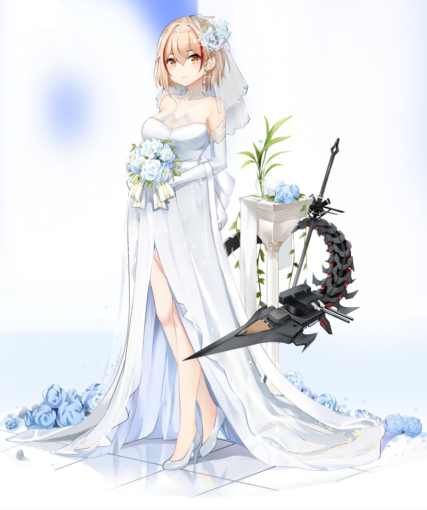 1girl absurdres azur_lane blonde_hair bouquet bridal_gauntlets bridal_veil dress eyebrows_visible_through_hair flower full_body high_heels highres holding holding_bouquet looking_at_viewer mechanical_tail multicolored_hair qing_wu redhead reflective_floor roon_(azur_lane) shoes smile solo standing streaked_hair tail tile_floor tiles two-tone_hair veil wedding_dress white_dress white_flower white_footwear yellow_eyes