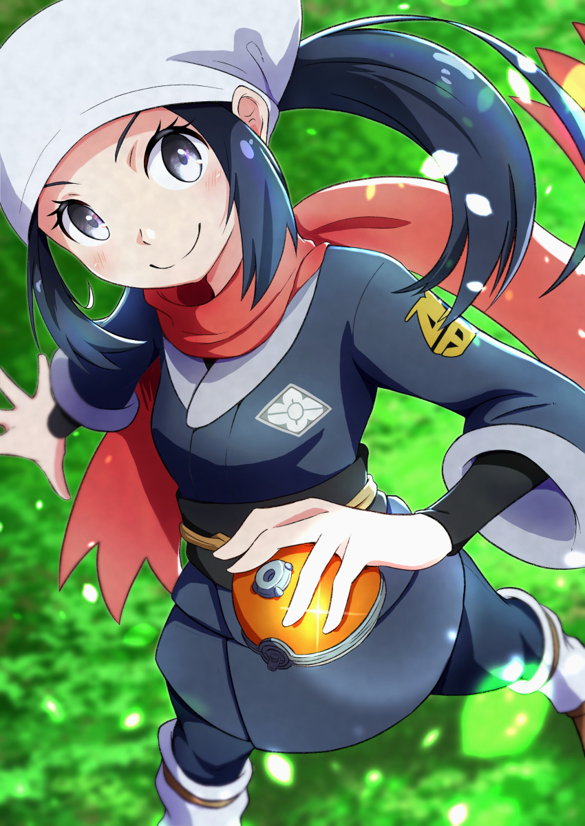 1girl absurdres black_hair blush eyelashes female_protagonist_(pokemon_legends:_arceus) from_above grass grey_eyes head_scarf high_ponytail highres holding holding_poke_ball light_particles long_hair looking_at_viewer looking_up negimiso1989 poke_ball poke_ball_(legends) pokemon pokemon_(game) pokemon_legends:_arceus red_scarf scarf sidelocks smile solo