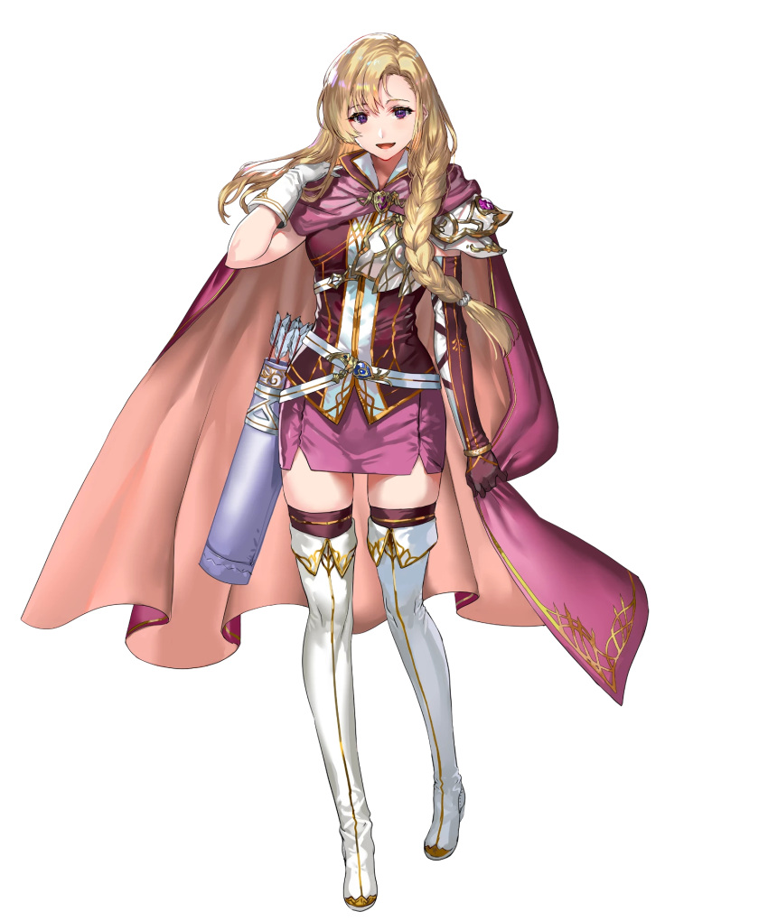 1girl armor arrow_(projectile) asymmetrical_gloves bangs belt blonde_hair boots braid cape elbow_gloves fire_emblem fire_emblem:_the_blazing_blade fire_emblem_heroes full_body gloves highres long_hair looking_at_viewer louise_(fire_emblem) official_art open_mouth purple_legwear quiver ran'ou_(tamago_no_kimi) shiny shiny_hair shoulder_armor simple_background skirt sleeveless smile solo standing thigh-highs thigh_boots tied_hair transparent_background violet_eyes white_footwear zettai_ryouiki